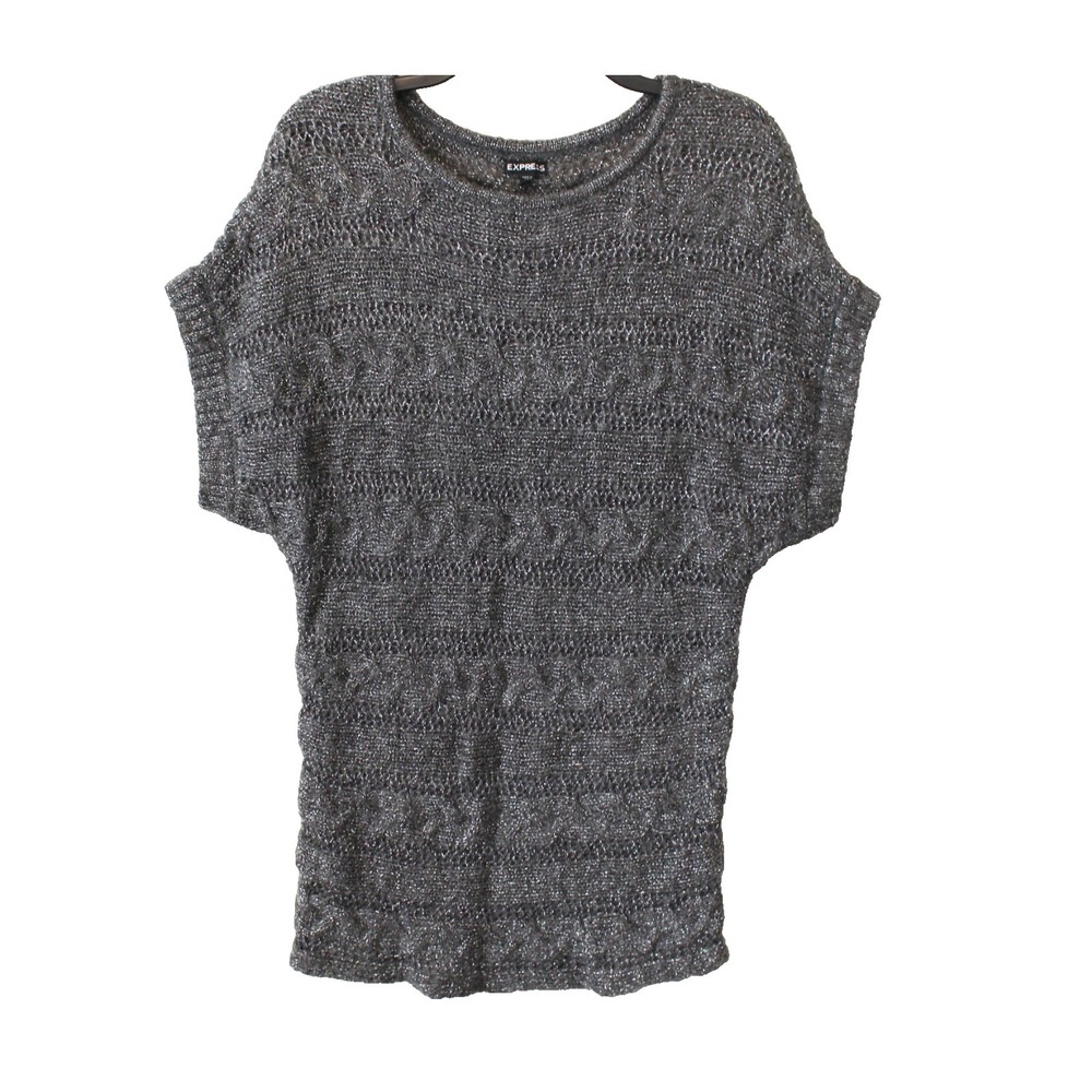 Express Mohair Wool‎ Women S P Sweater Tunic Blouse Short Sleeve Knit Gray Lurex
